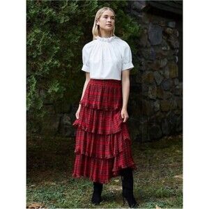 ANTONIO MELANI  Katrina Plaid Print Ruffle Tiered A-Line Midi Skirt